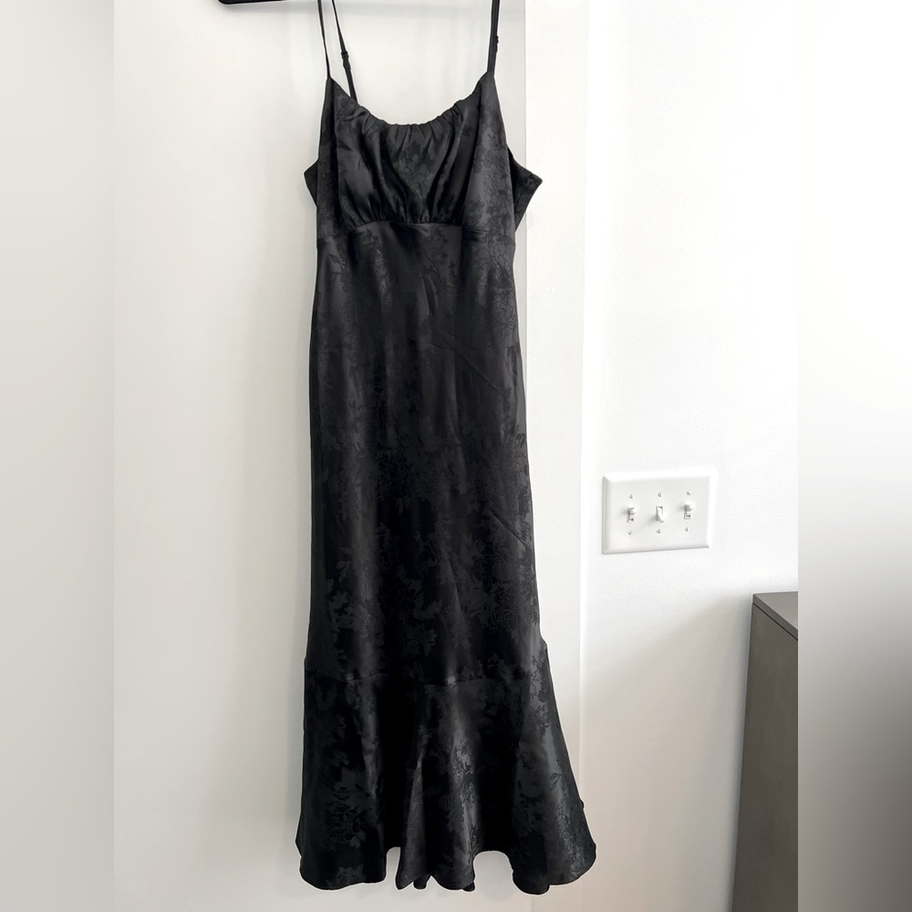 Black satin midi dress with floral pattern